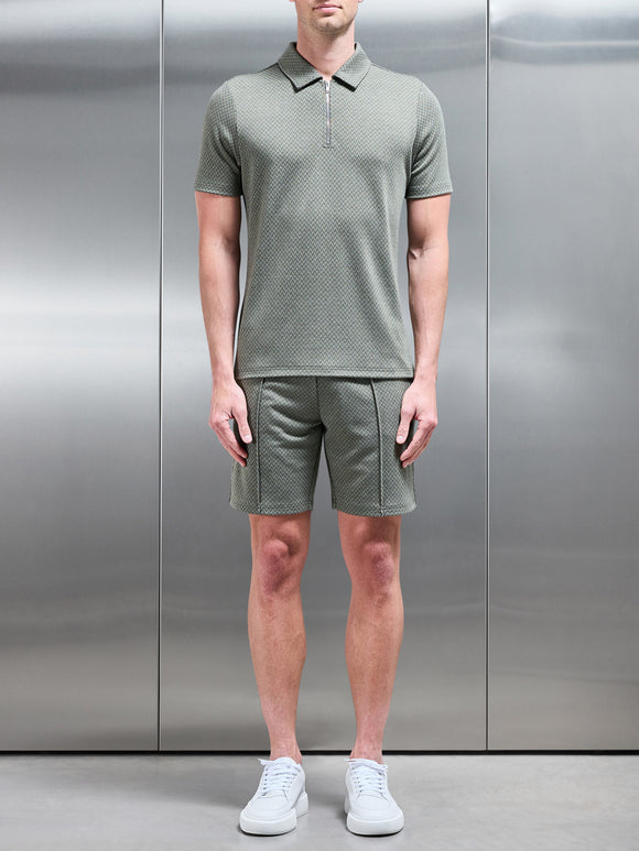 Herringbone Textured Zip Polo in Olive