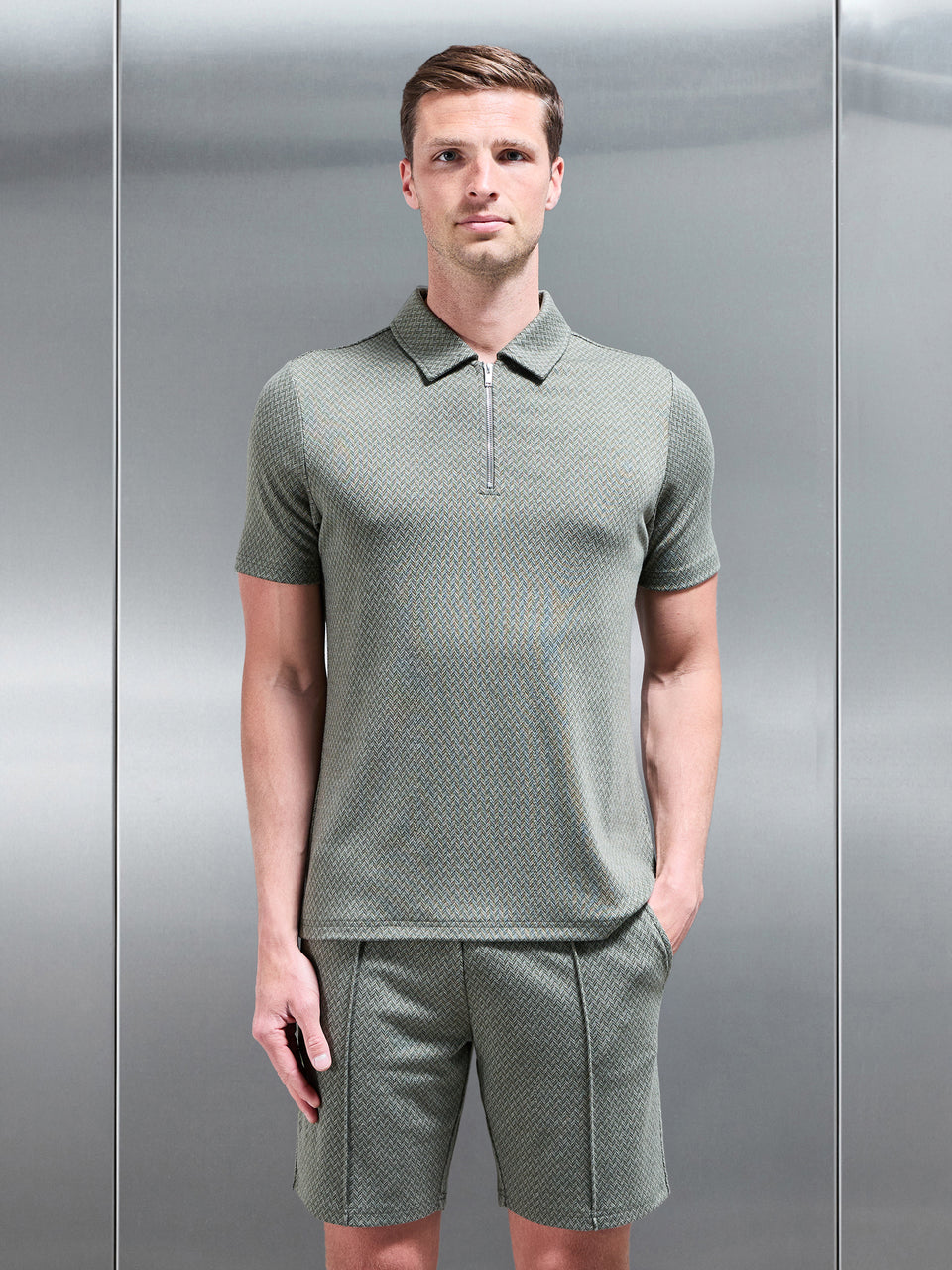 Herringbone Textured Zip Polo in Olive