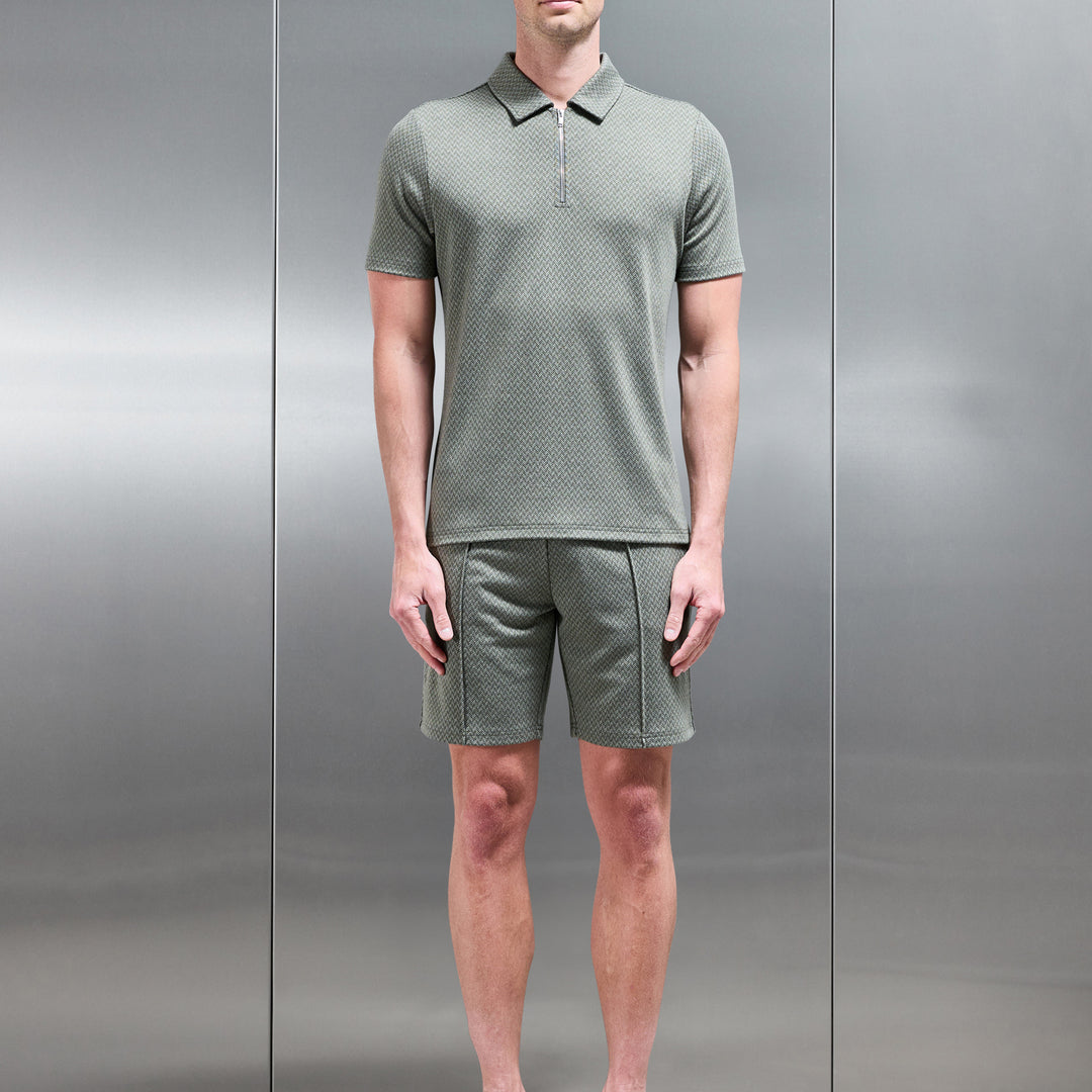 Herringbone Textured Zip Polo in Olive