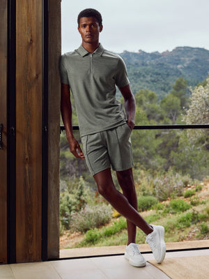 Herringbone Textured Zip Polo in Olive