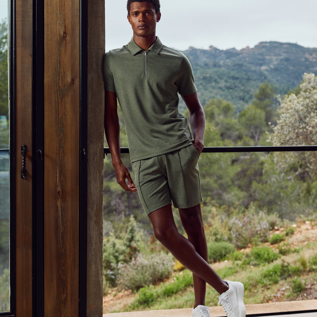 Herringbone Textured Zip Polo in Olive
