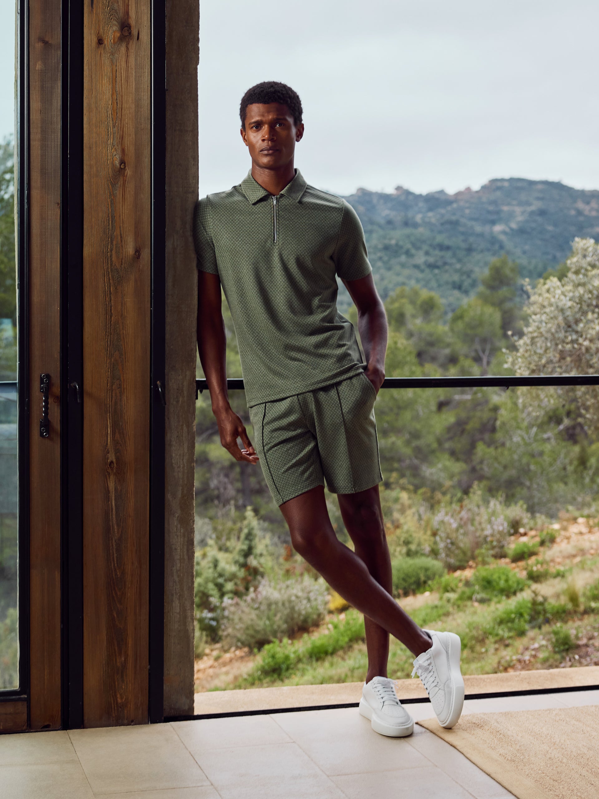 Herringbone Textured Zip Polo in Olive