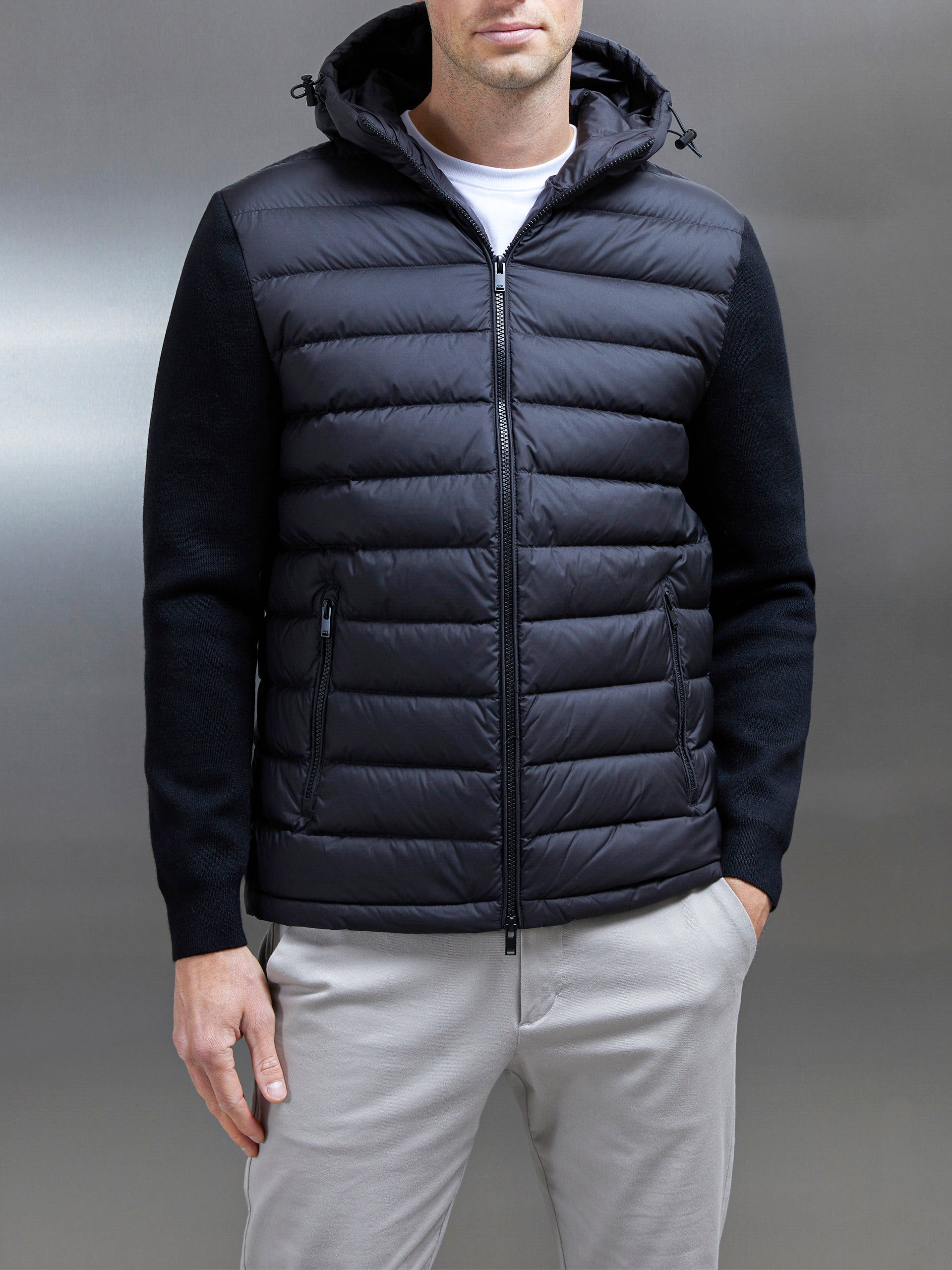 Down jacket sales with knit sleeves