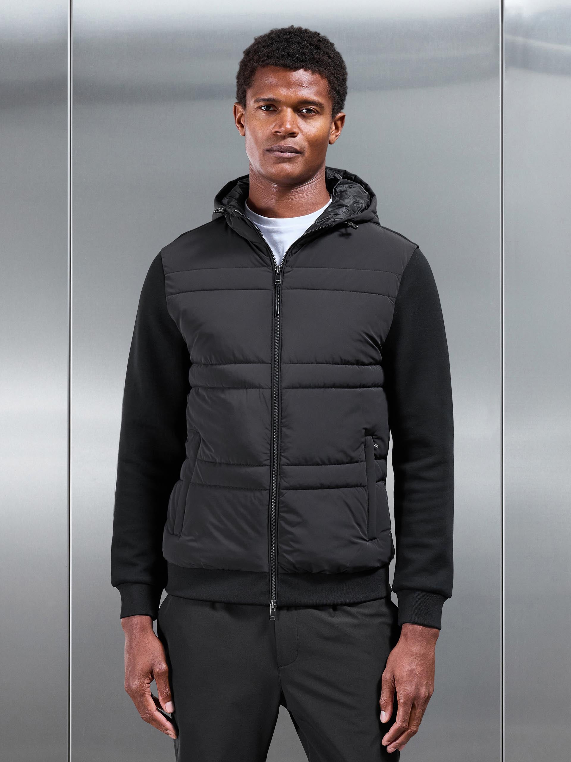 Hybrid Panel Puffer Windbreaker in Black