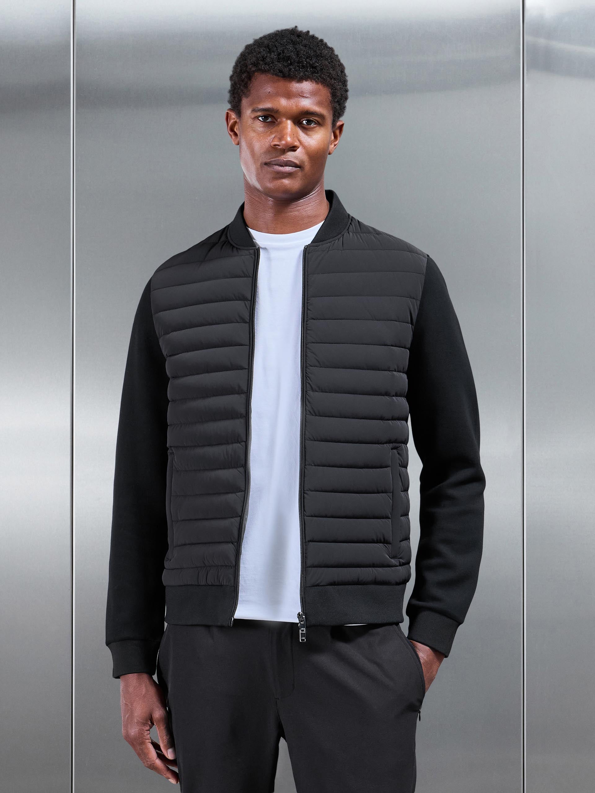 Hybrid Quilted Bomber Jacket in Black