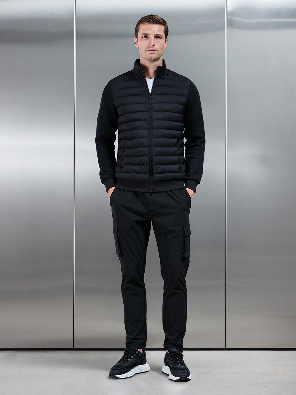 Hybrid Quilted Technical Funnel Neck Jacket in Black