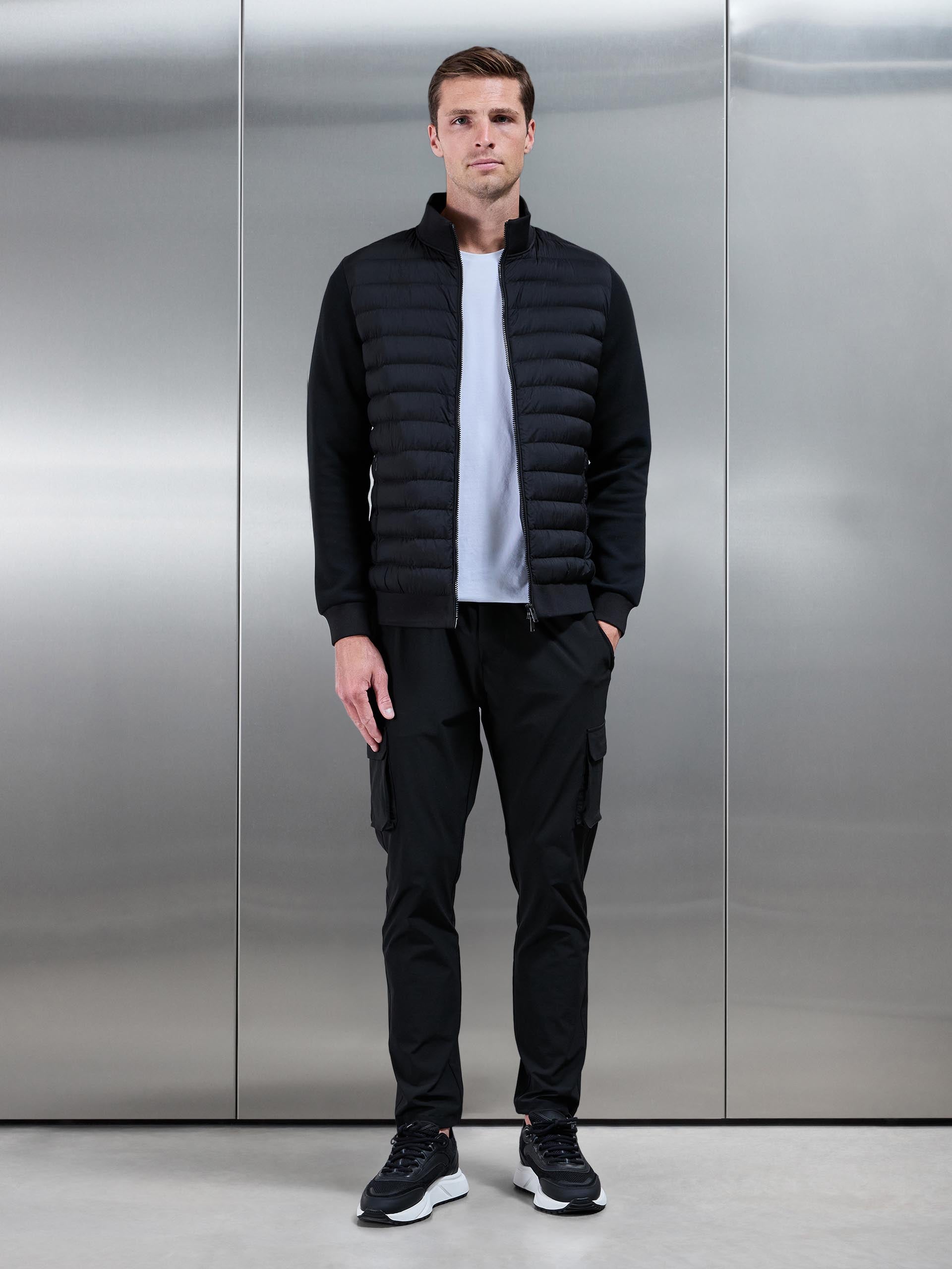 Hybrid Quilted Technical Funnel Neck Jacket in Black