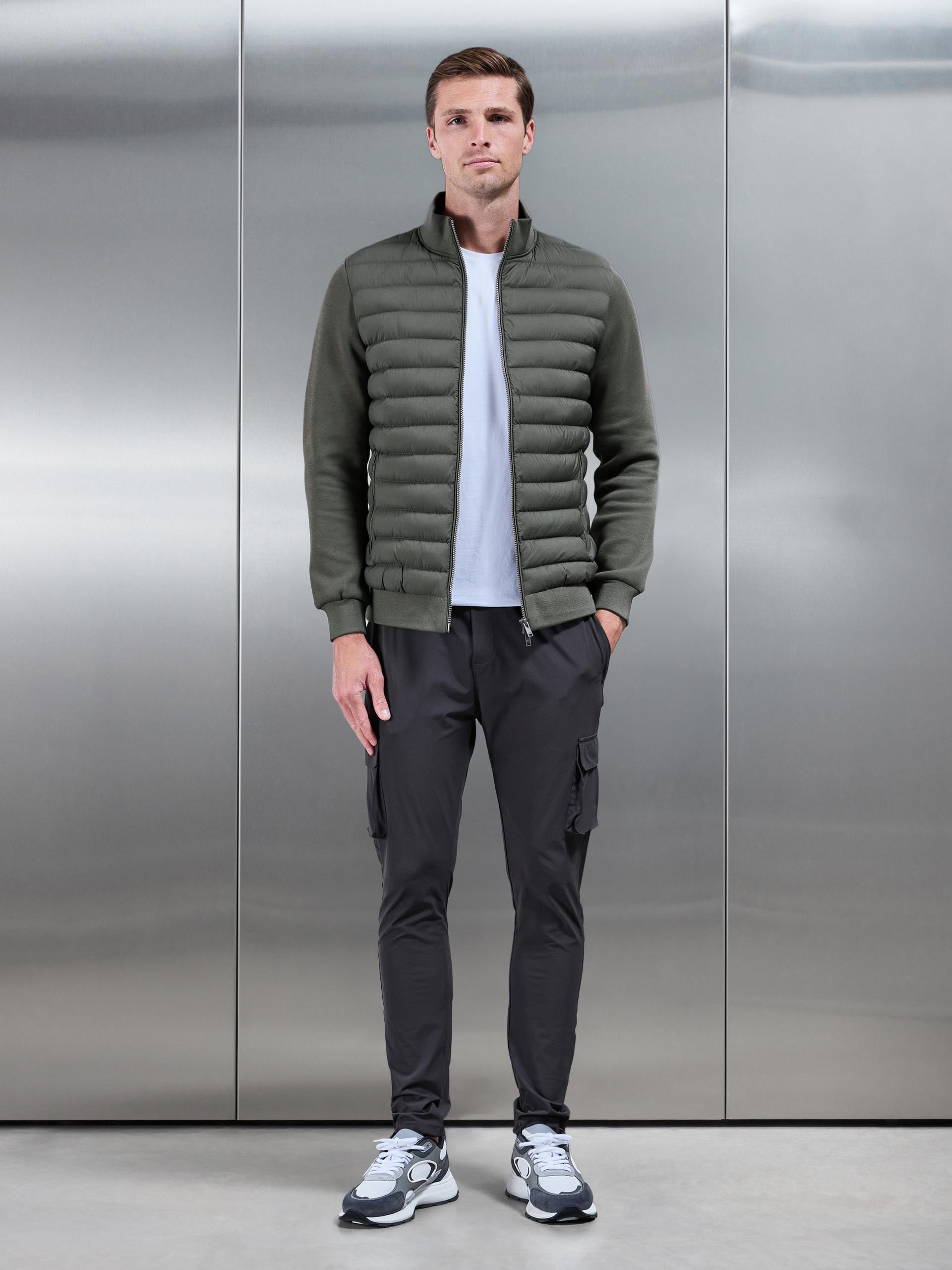 Hybrid Quilted Technical Funnel Neck Jacket in Olive