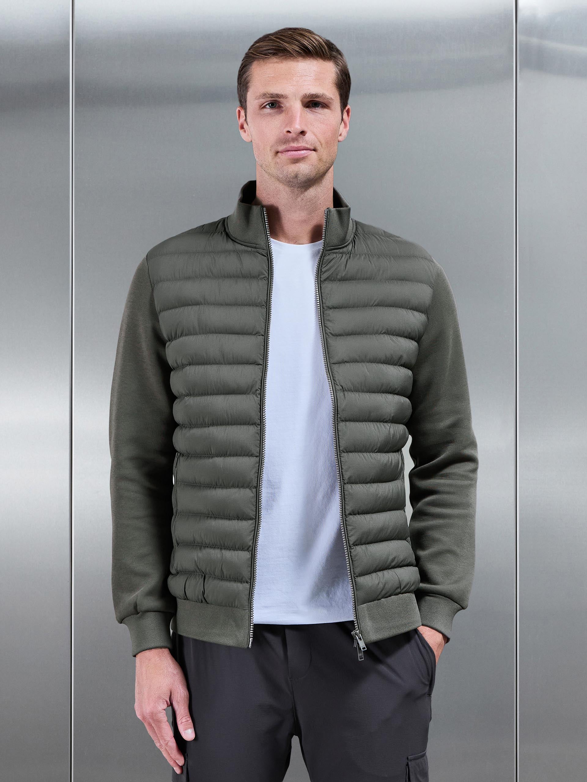 Hybrid Quilted Technical Funnel Neck Jacket in Olive