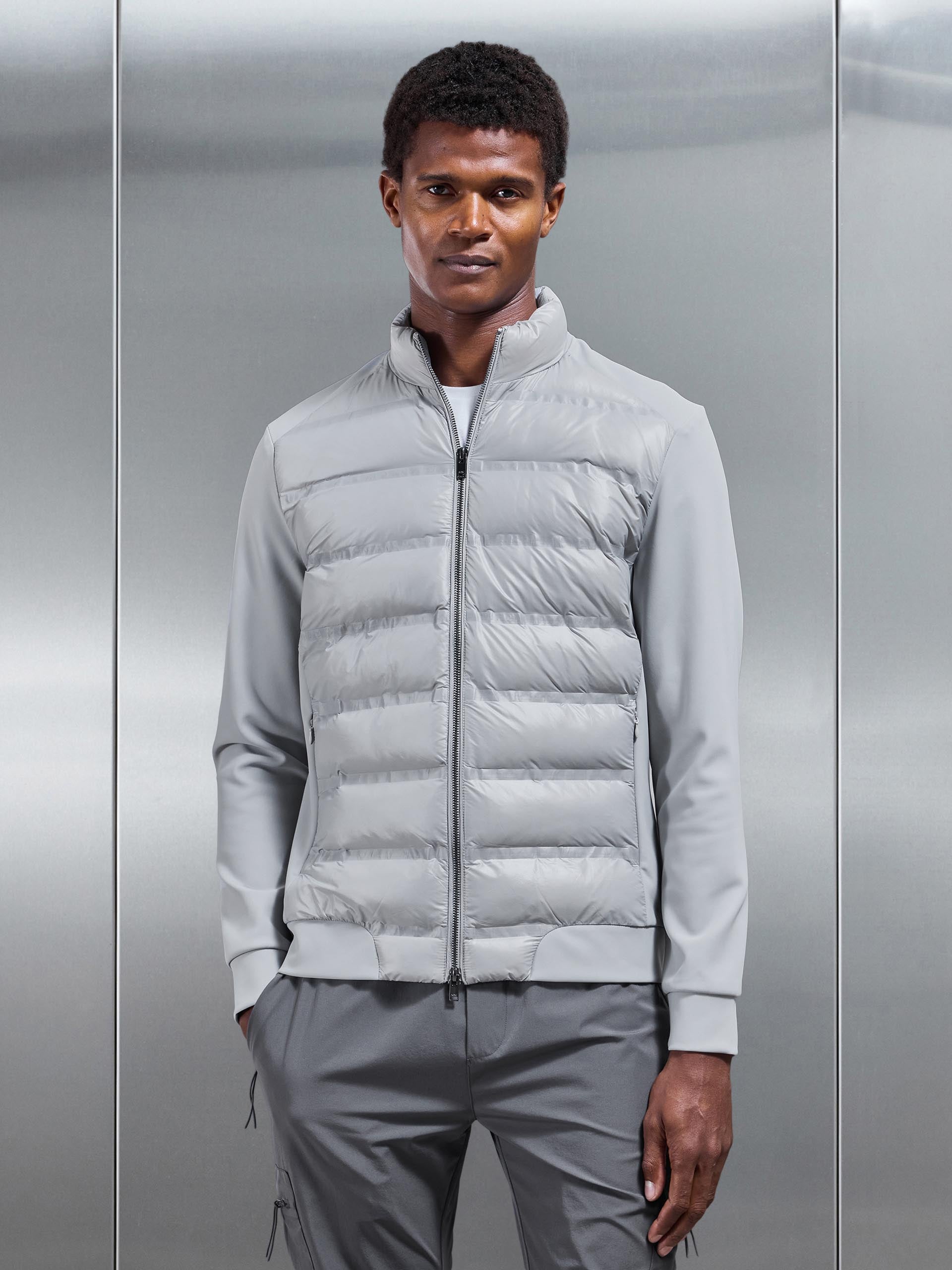 Hybrid Zip Through Puffer Jacket in Mid Grey