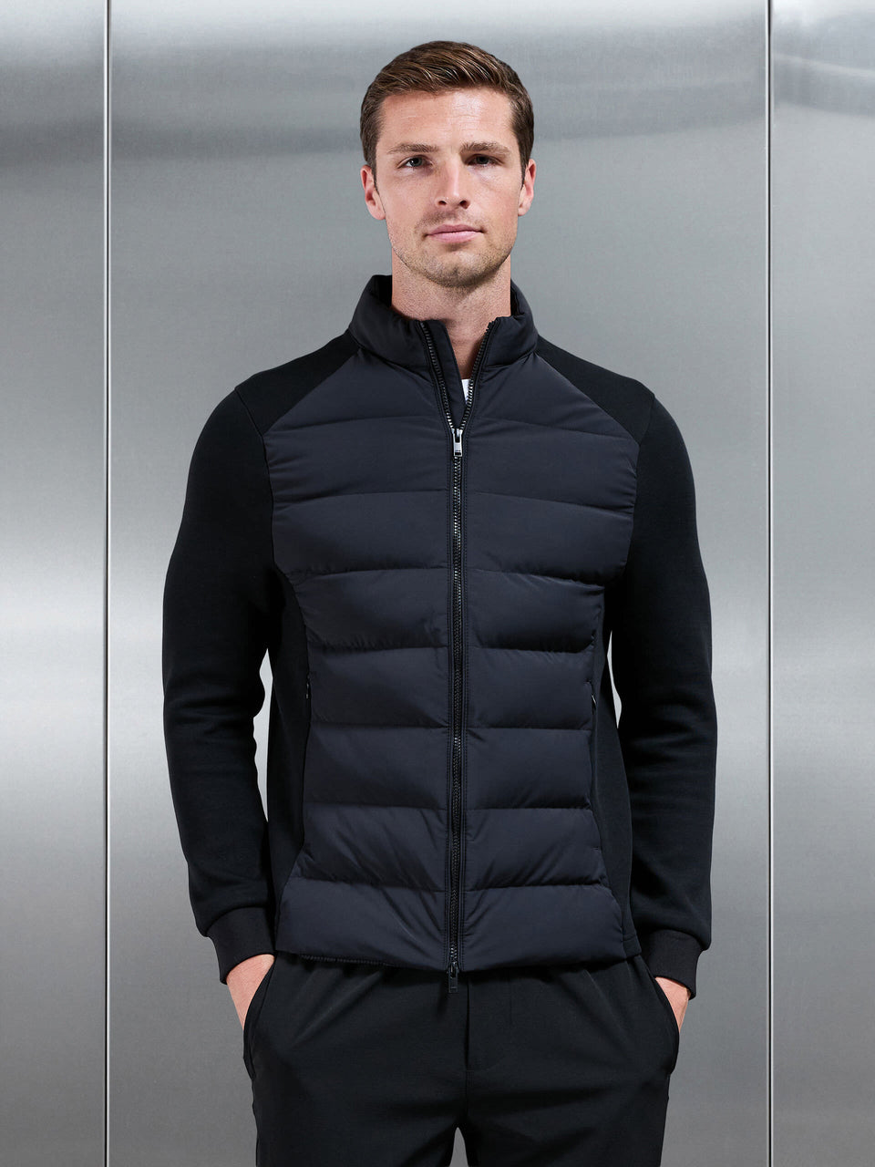 Hybrid Technical Puffer Jacket in Black
