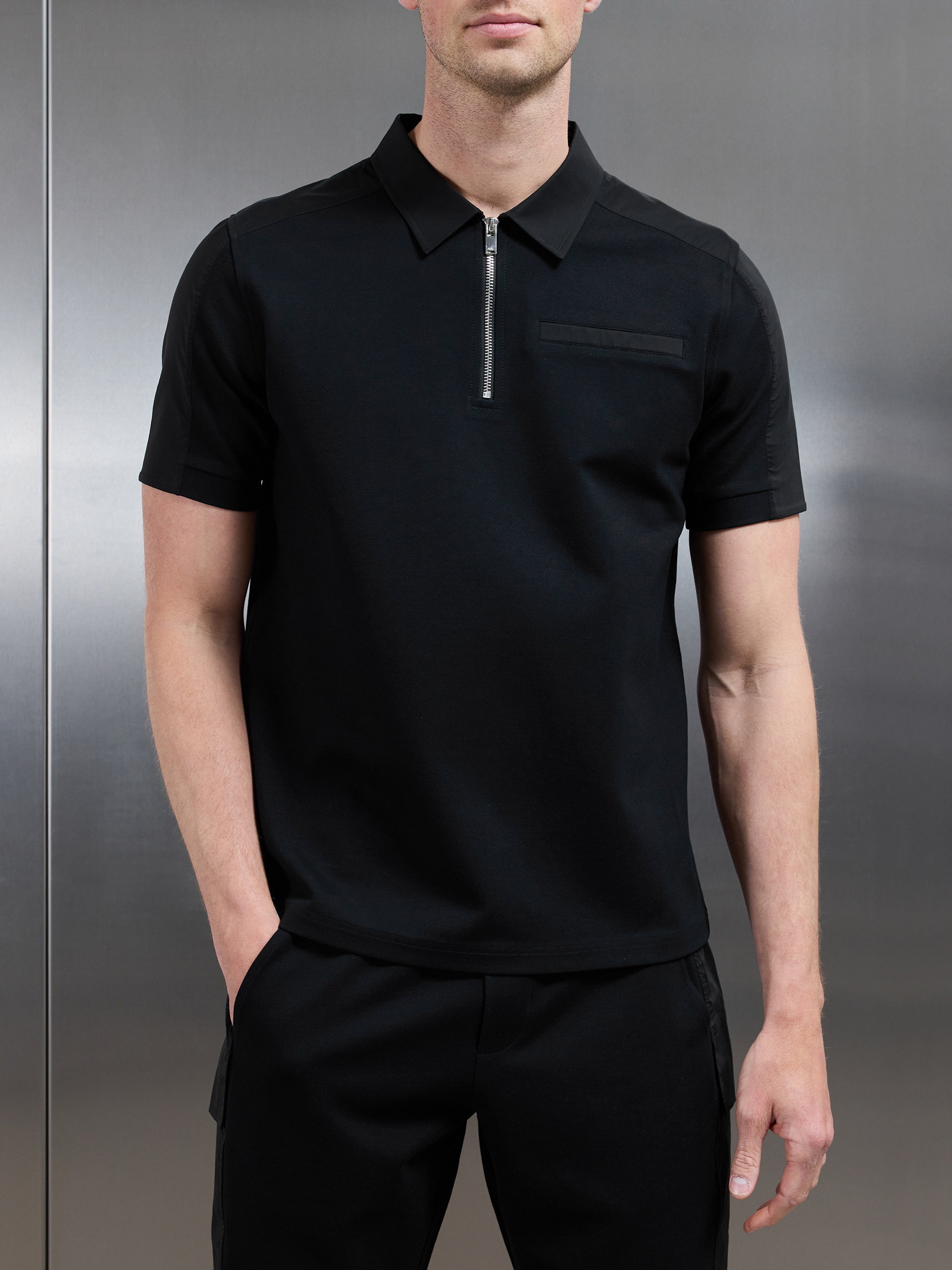 Hybrid Cargo Zip Polo Shirt in Black