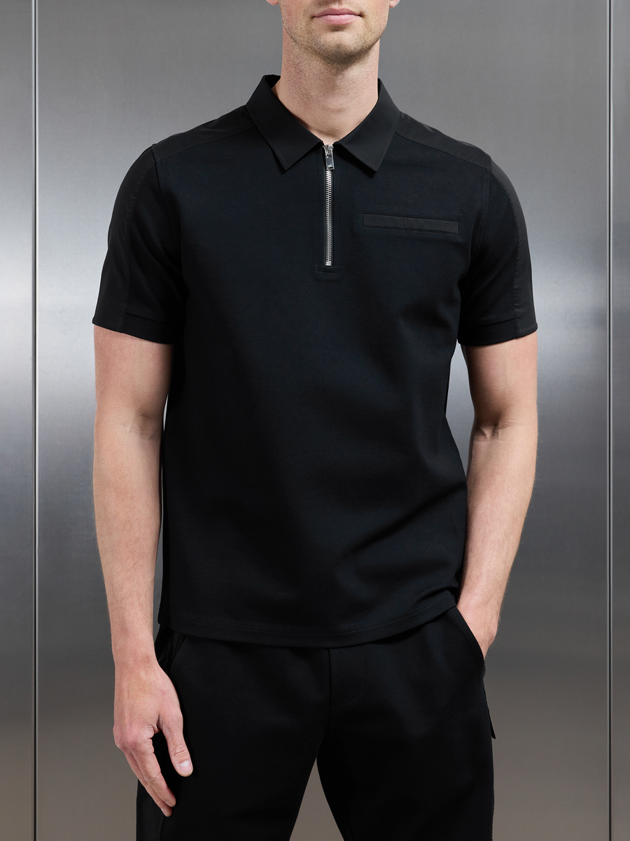 Hybrid Cargo Zip Polo Shirt in Black