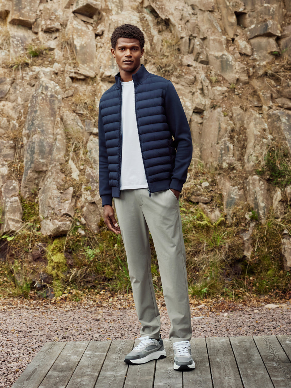Hybrid Quilted Technical Funnel Neck Jacket in Navy