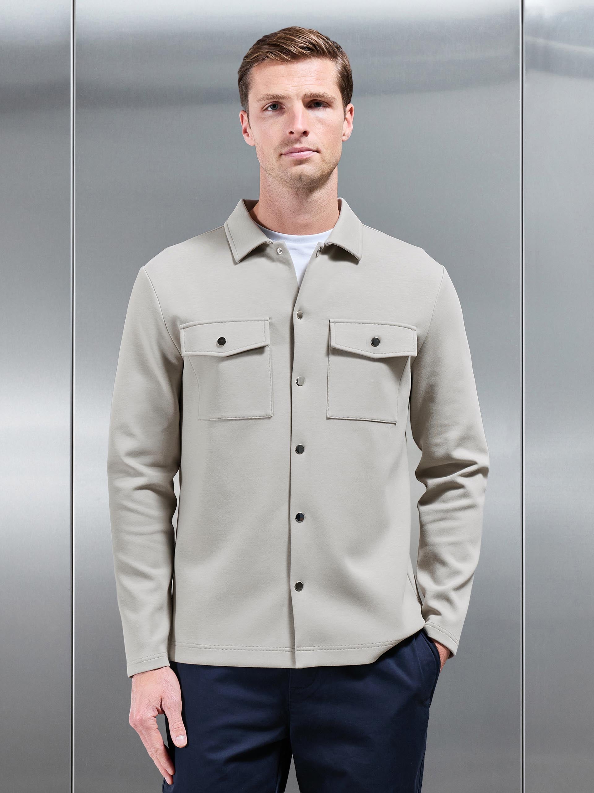 Interlock Jersey Pocket Popper Overshirt in Stone