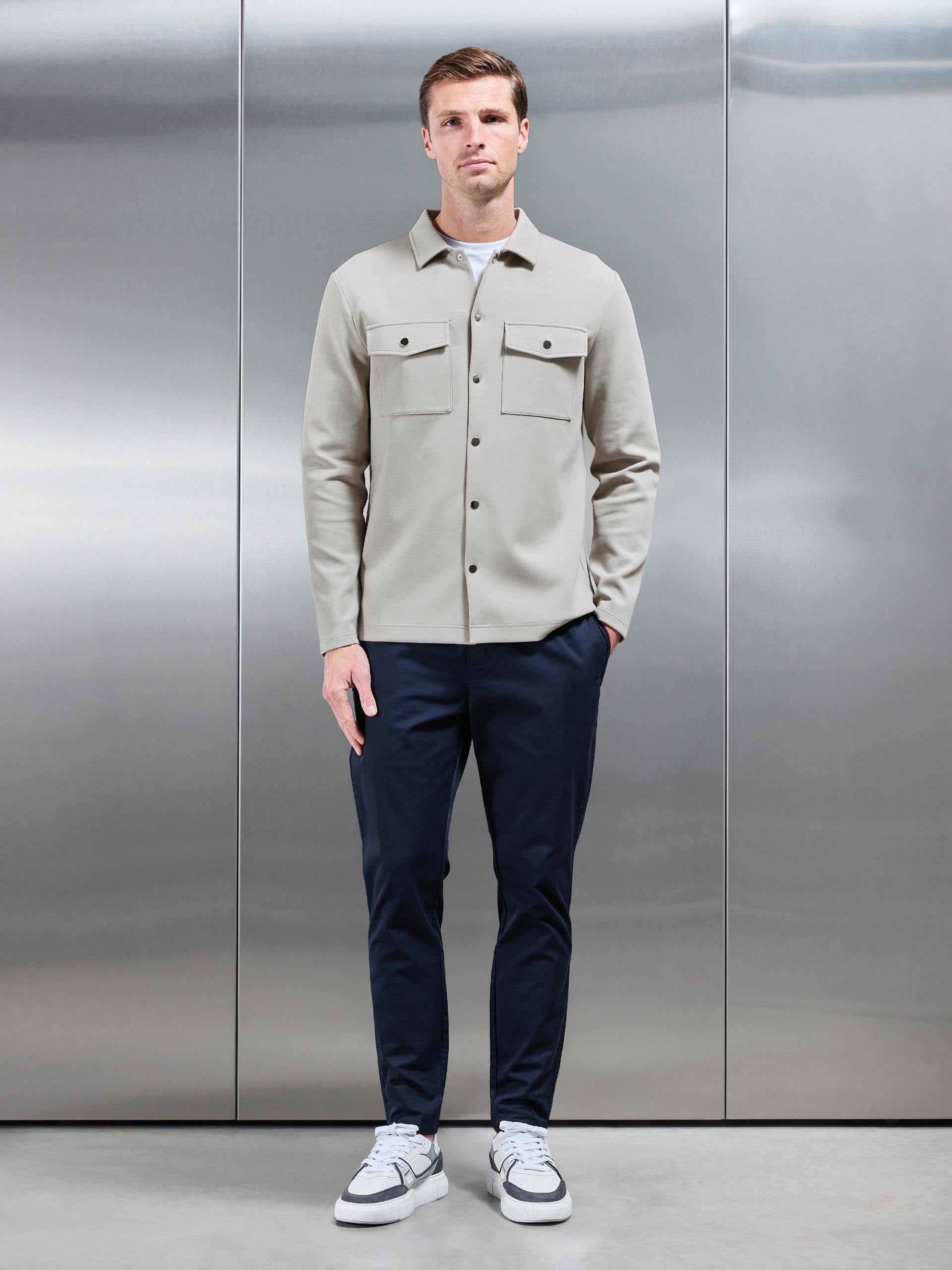 Interlock Jersey Pocket Popper Overshirt in Stone