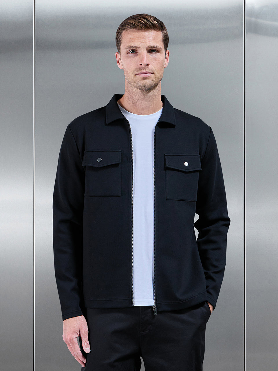 Interlock Jersey Pocket Zip Through Overshirt in Black