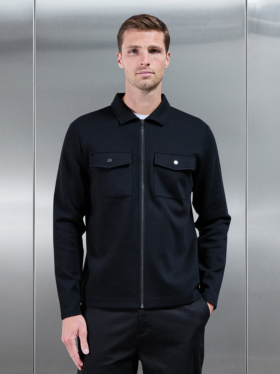 Interlock Jersey Pocket Zip Through Overshirt in Black | ARNE UK