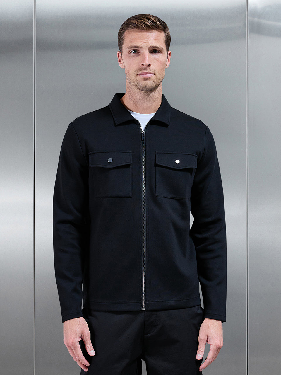 Interlock Jersey Pocket Zip Through Overshirt in Black