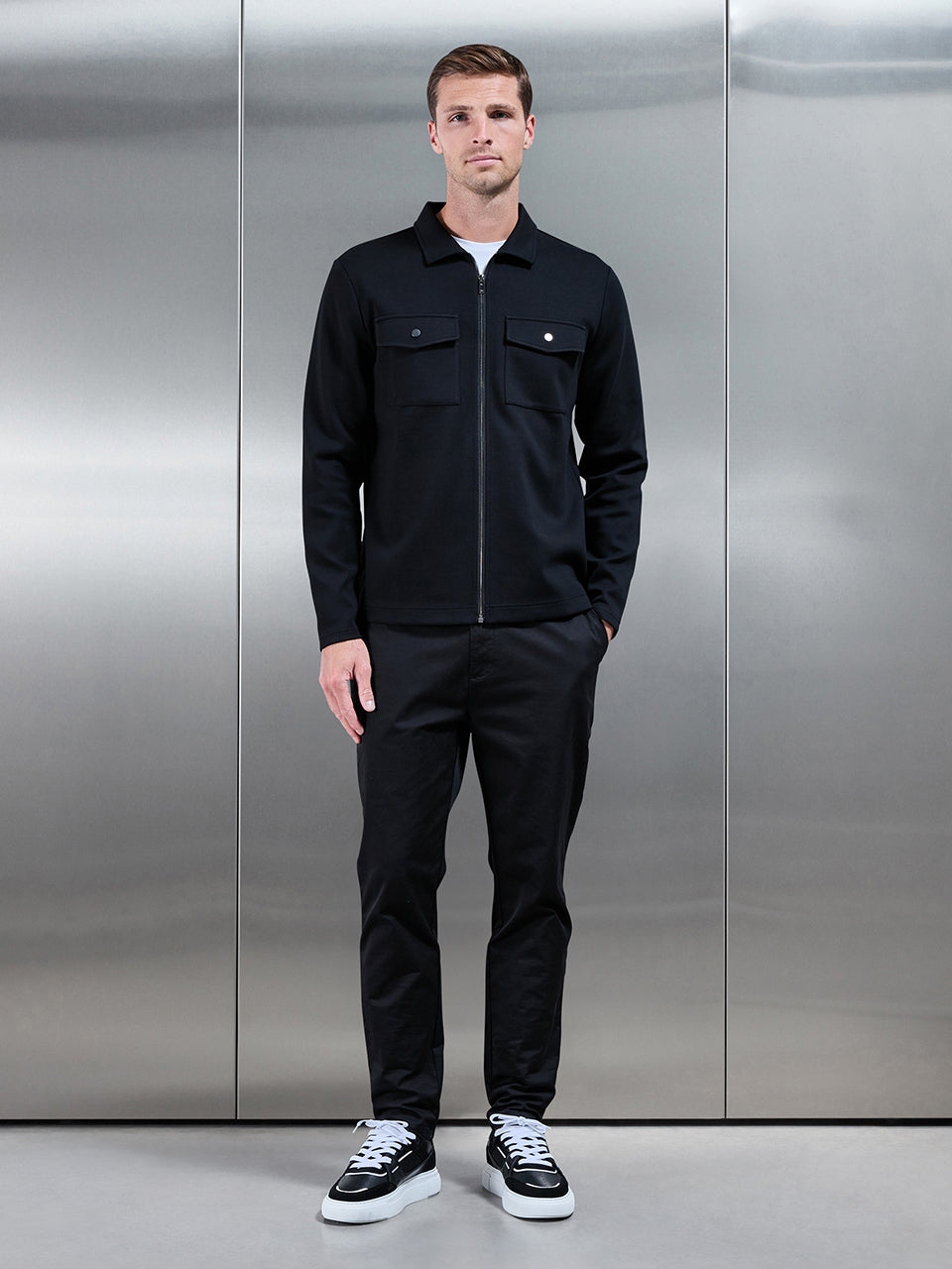 Interlock Jersey Pocket Zip Through Overshirt in Black | ARNE UK