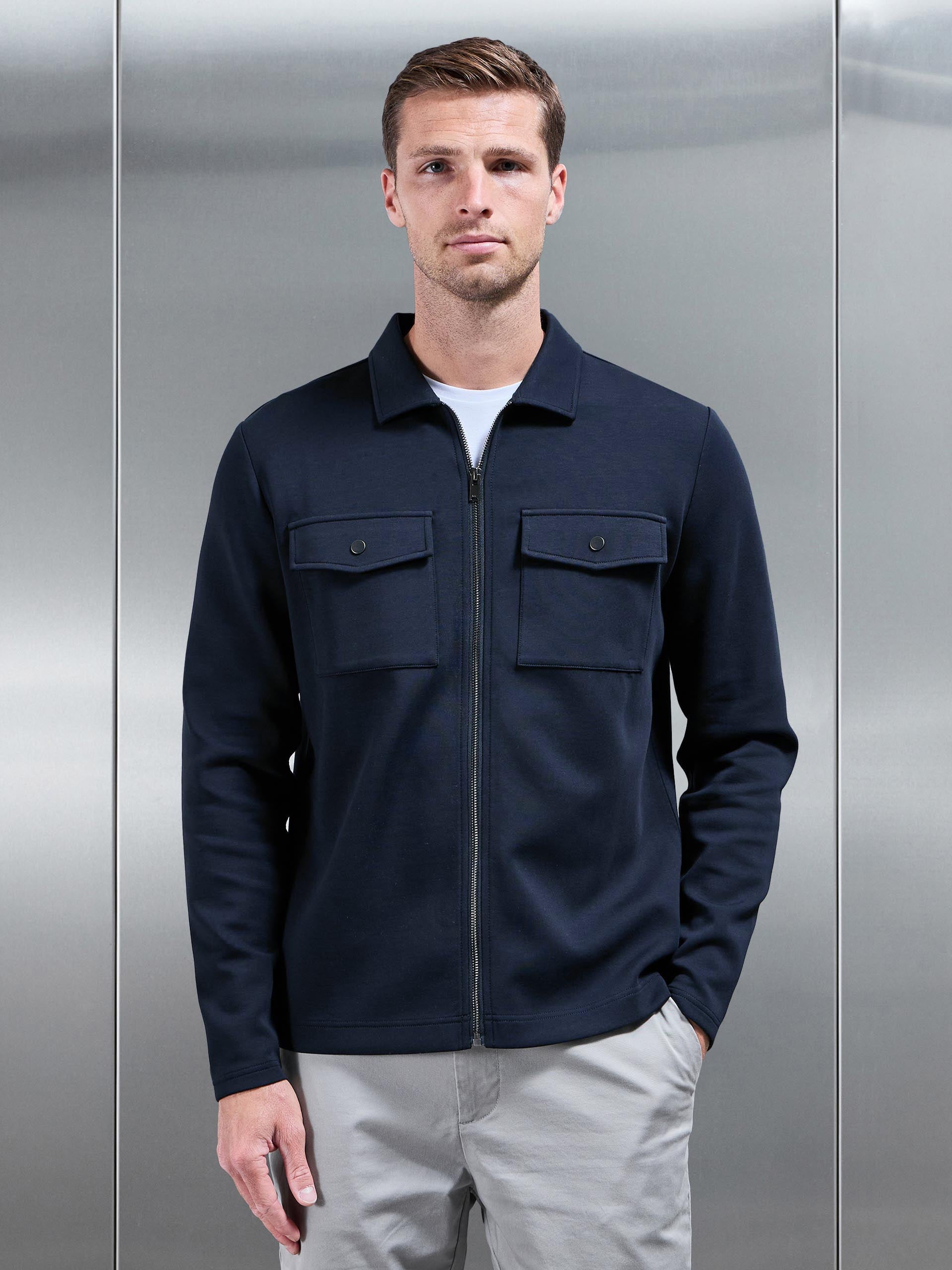 Interlock Jersey Pocket Zip Through Overshirt in Navy