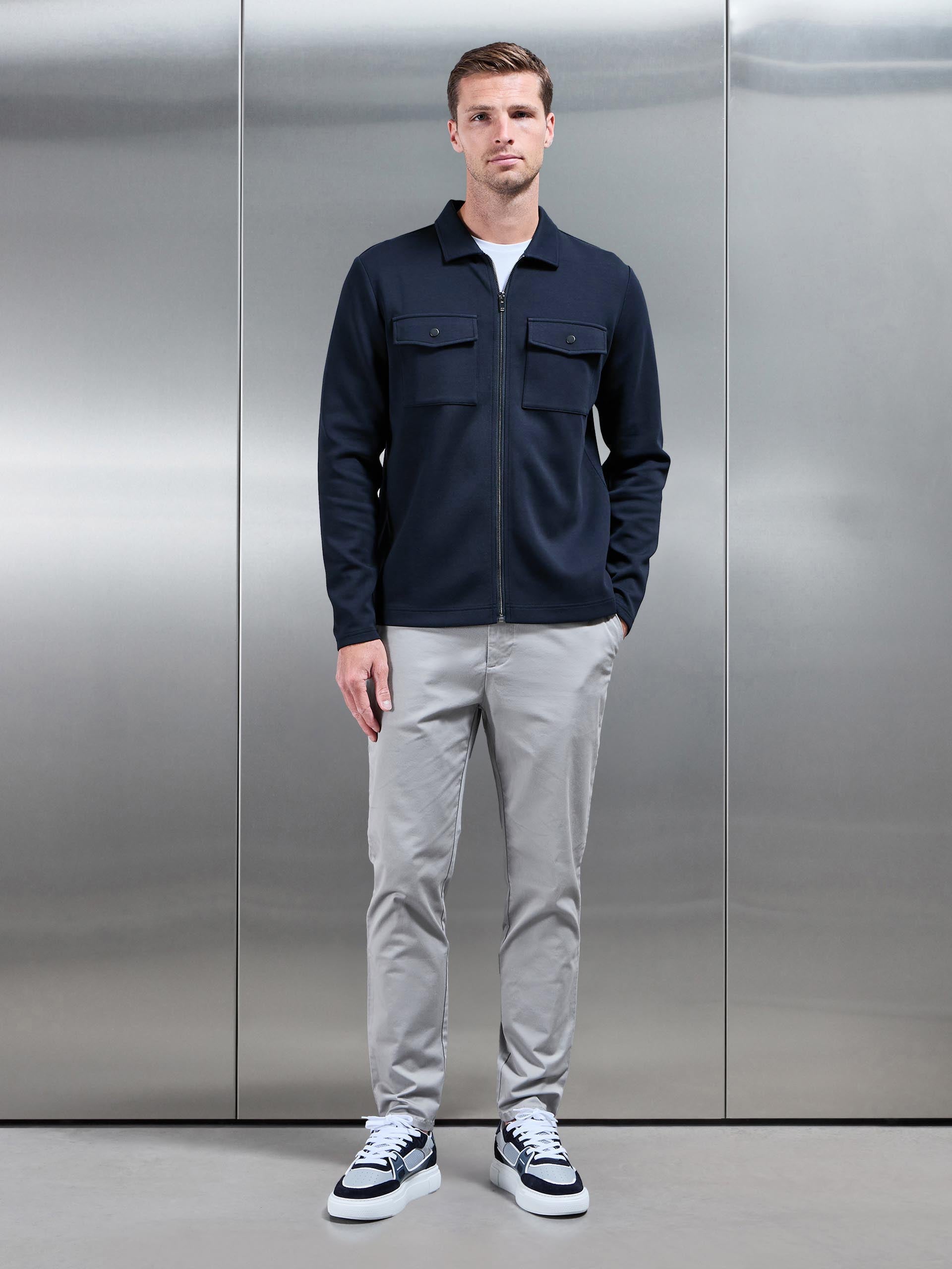Interlock Jersey Pocket Zip Through Overshirt in Navy