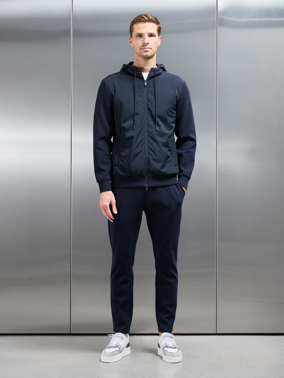 Interlock Jersey Hybrid Windbreaker in Navy