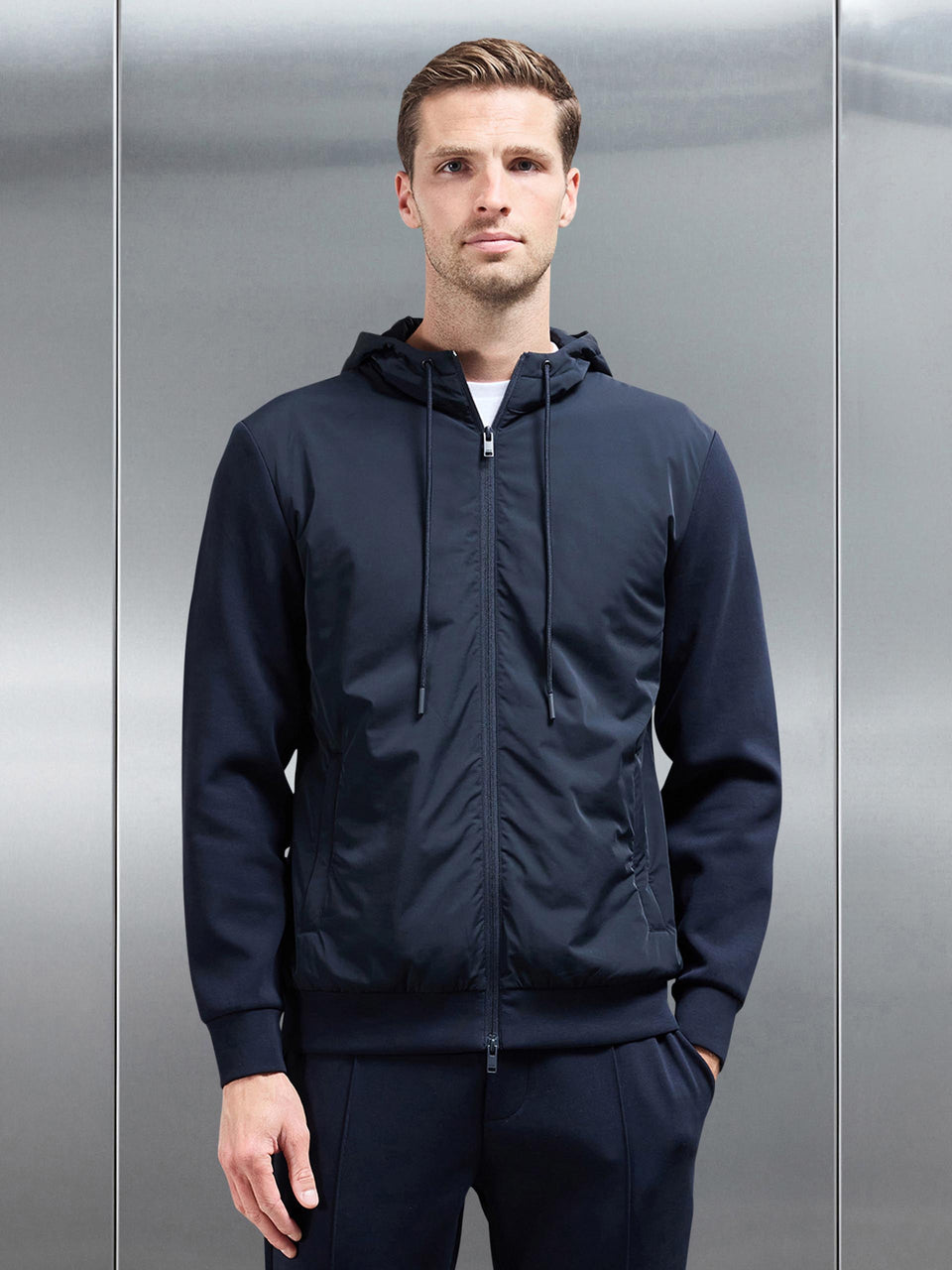 Interlock Jersey Hybrid Windbreaker in Navy