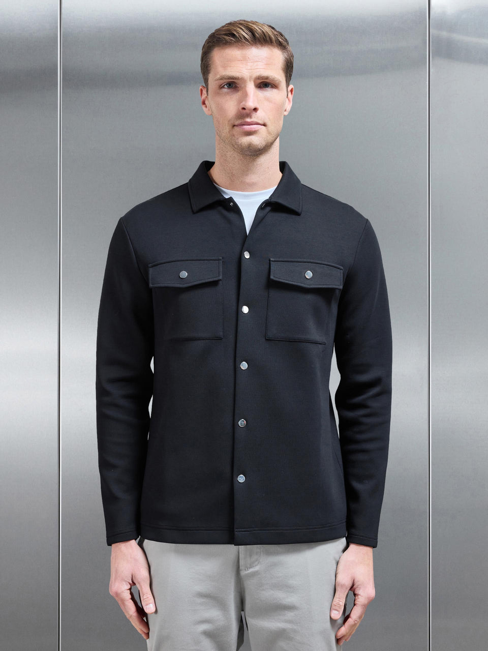 Interlock Jersey Pocket Popper Overshirt in Black