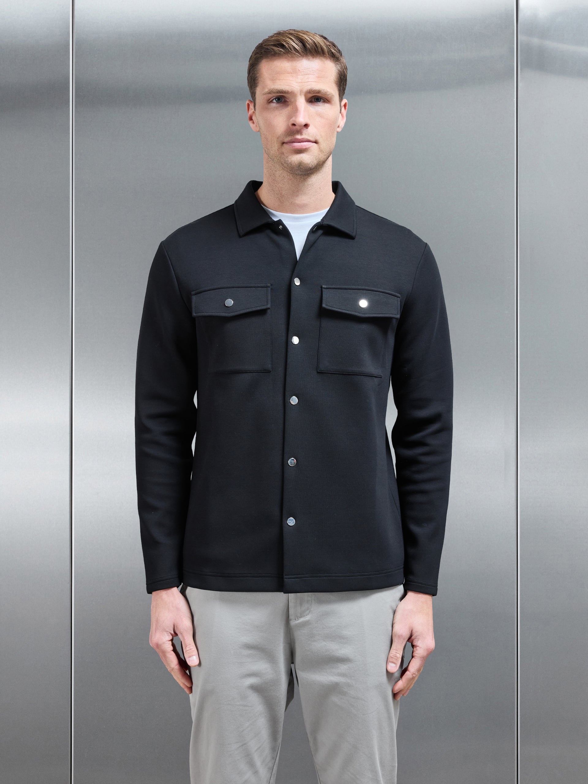 Interlock Jersey Pocket Popper Overshirt in Black