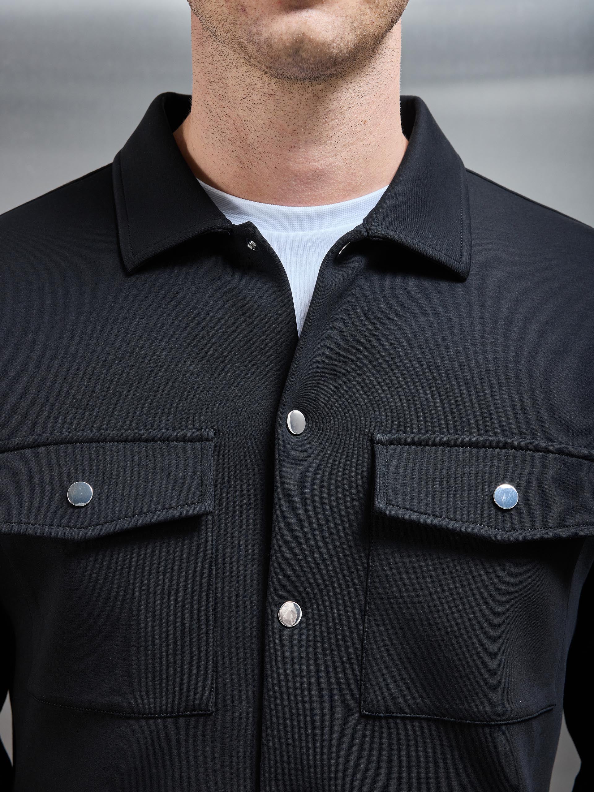 Interlock Jersey Pocket Popper Overshirt in Black