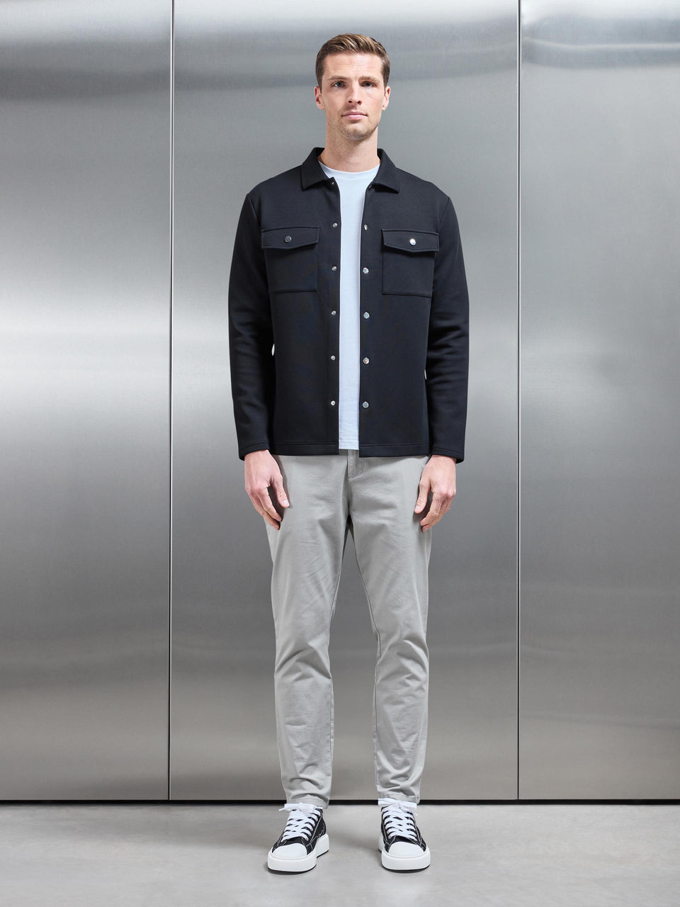 Interlock Jersey Pocket Popper Overshirt in Black