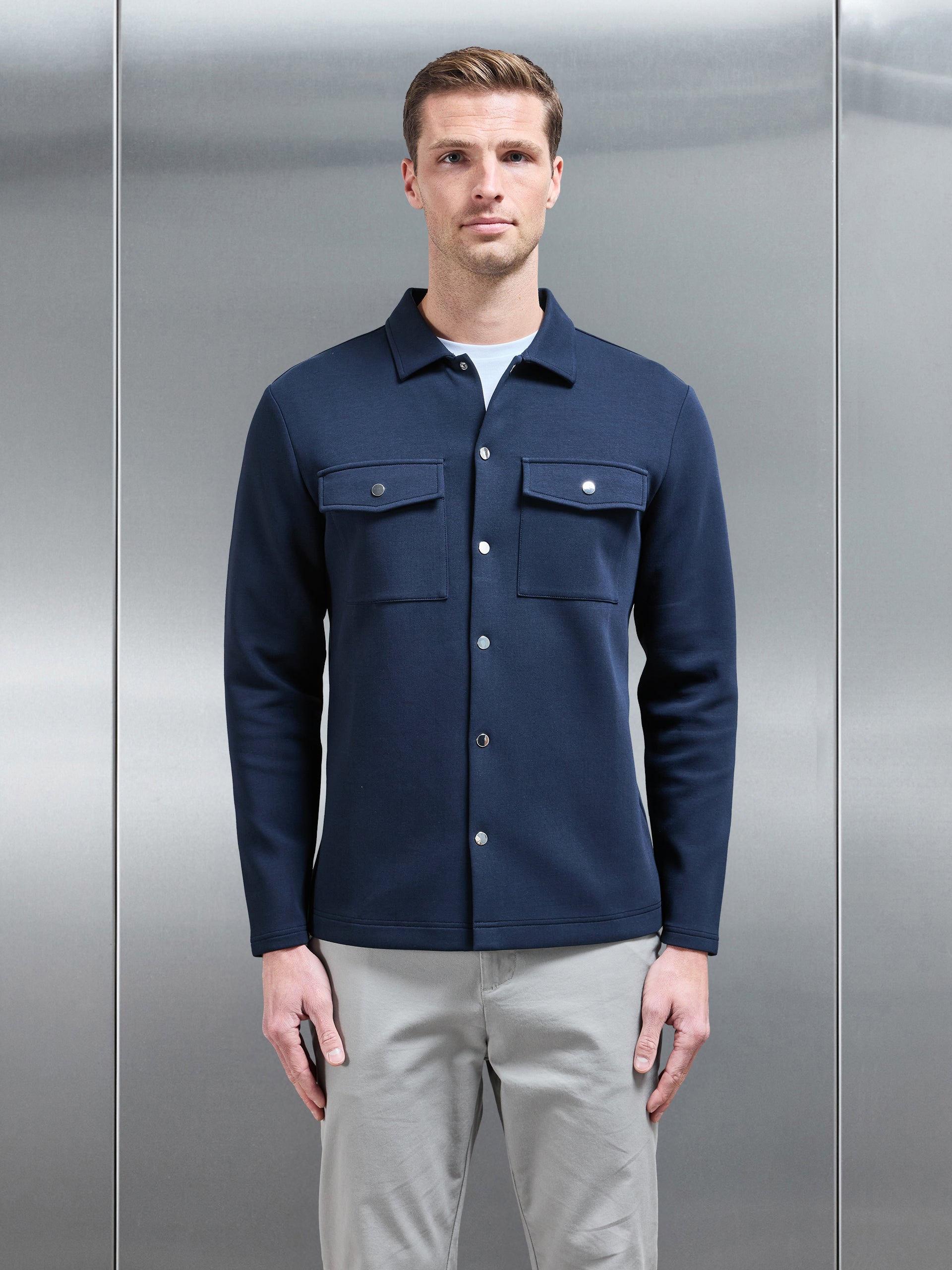 Interlock Jersey Pocket Popper Overshirt in Navy