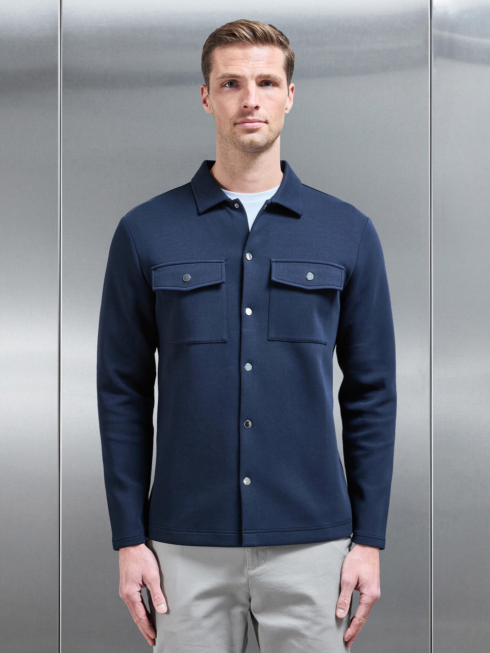 Interlock Jersey Pocket Popper Overshirt in Navy