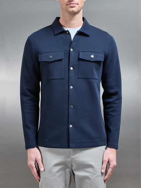 Interlock Jersey Pocket Popper Overshirt in Navy