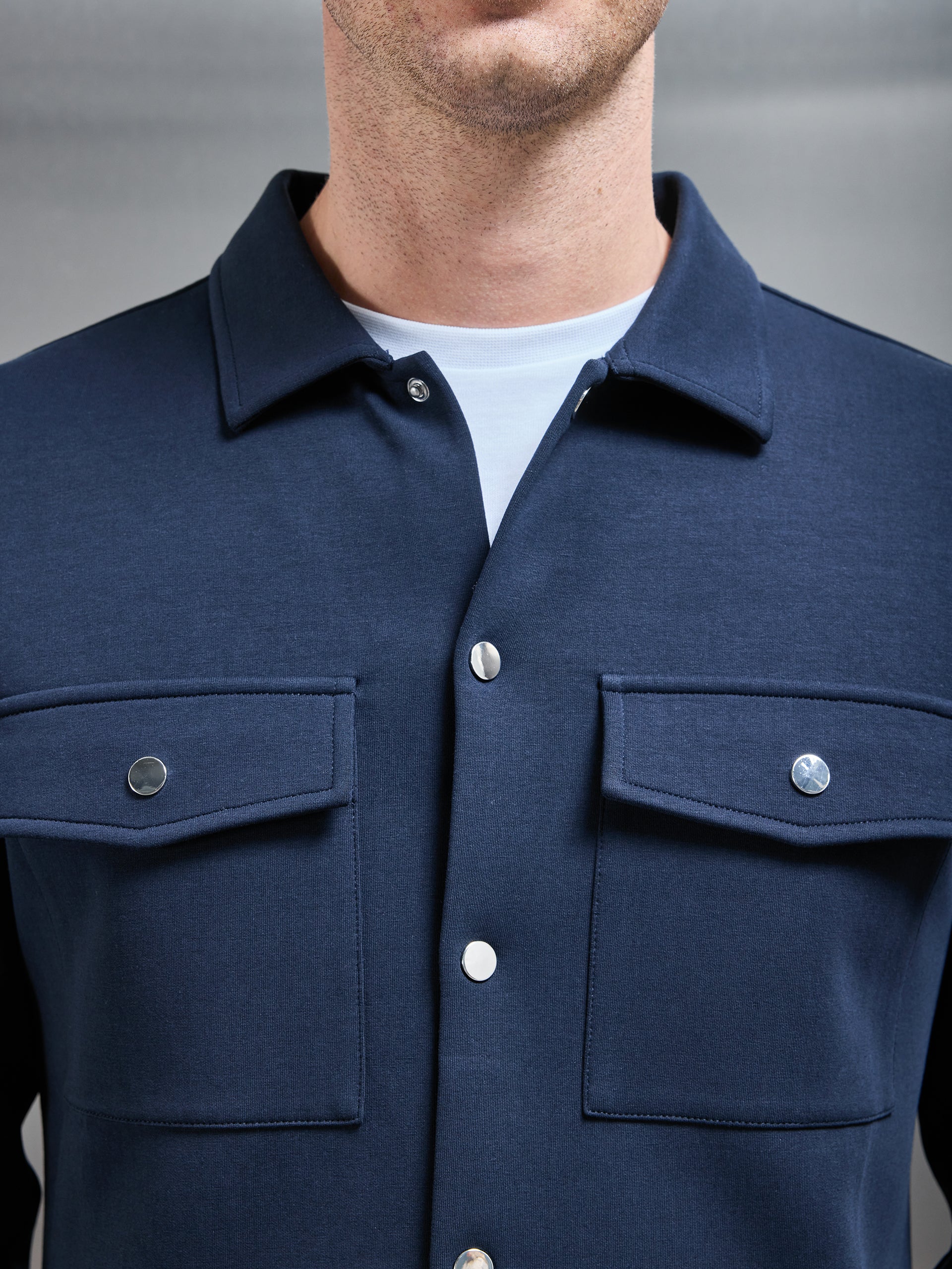 Interlock Jersey Pocket Popper Overshirt in Navy