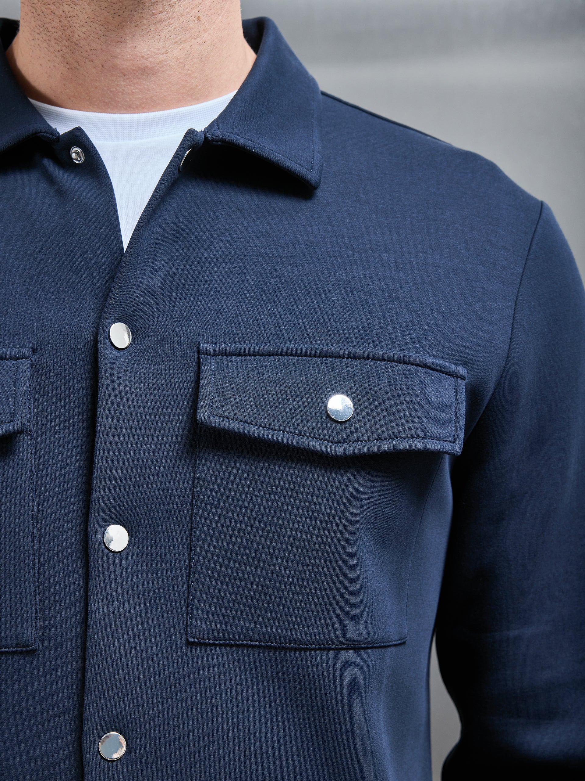 Interlock Jersey Pocket Popper Overshirt in Navy