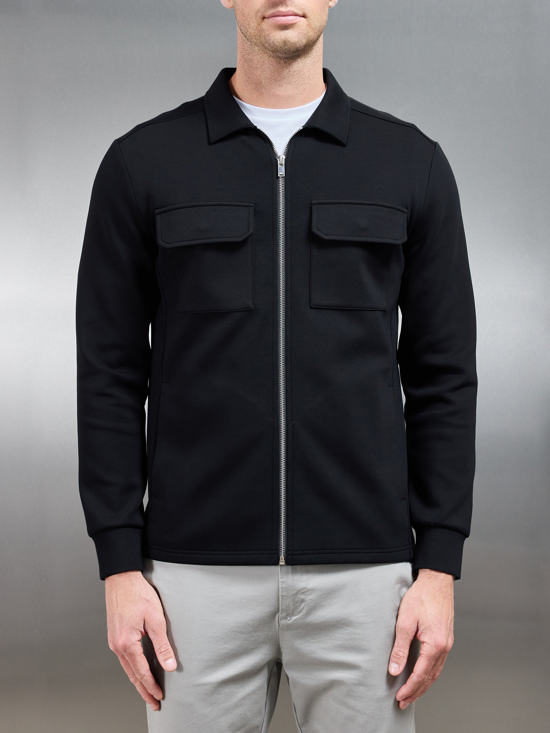 Interlock Jersey Pocket Zip Through Overshirt in Black
