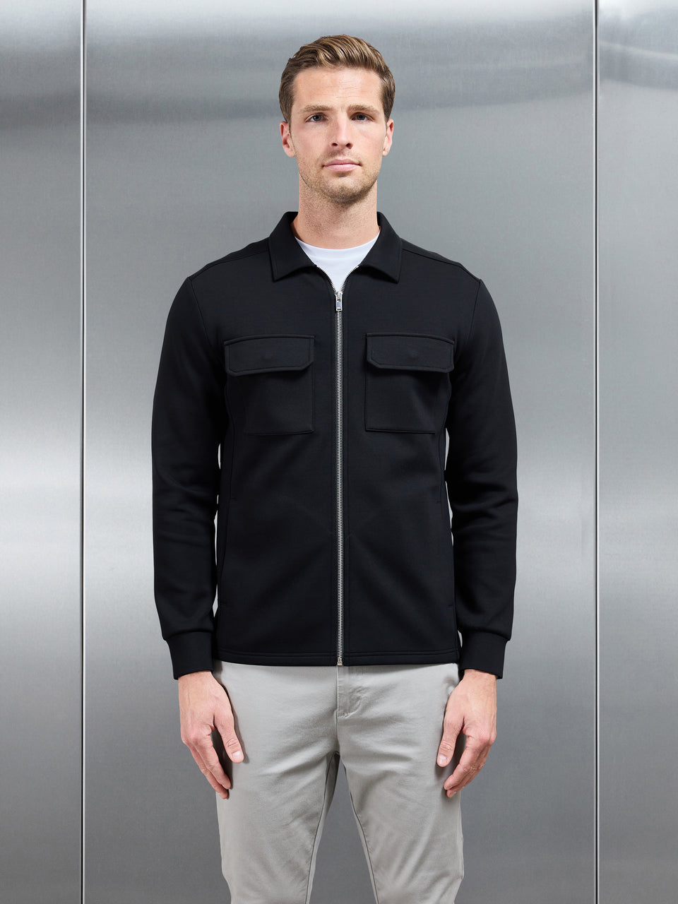 Interlock Jersey Pocket Zip Through Overshirt in Black