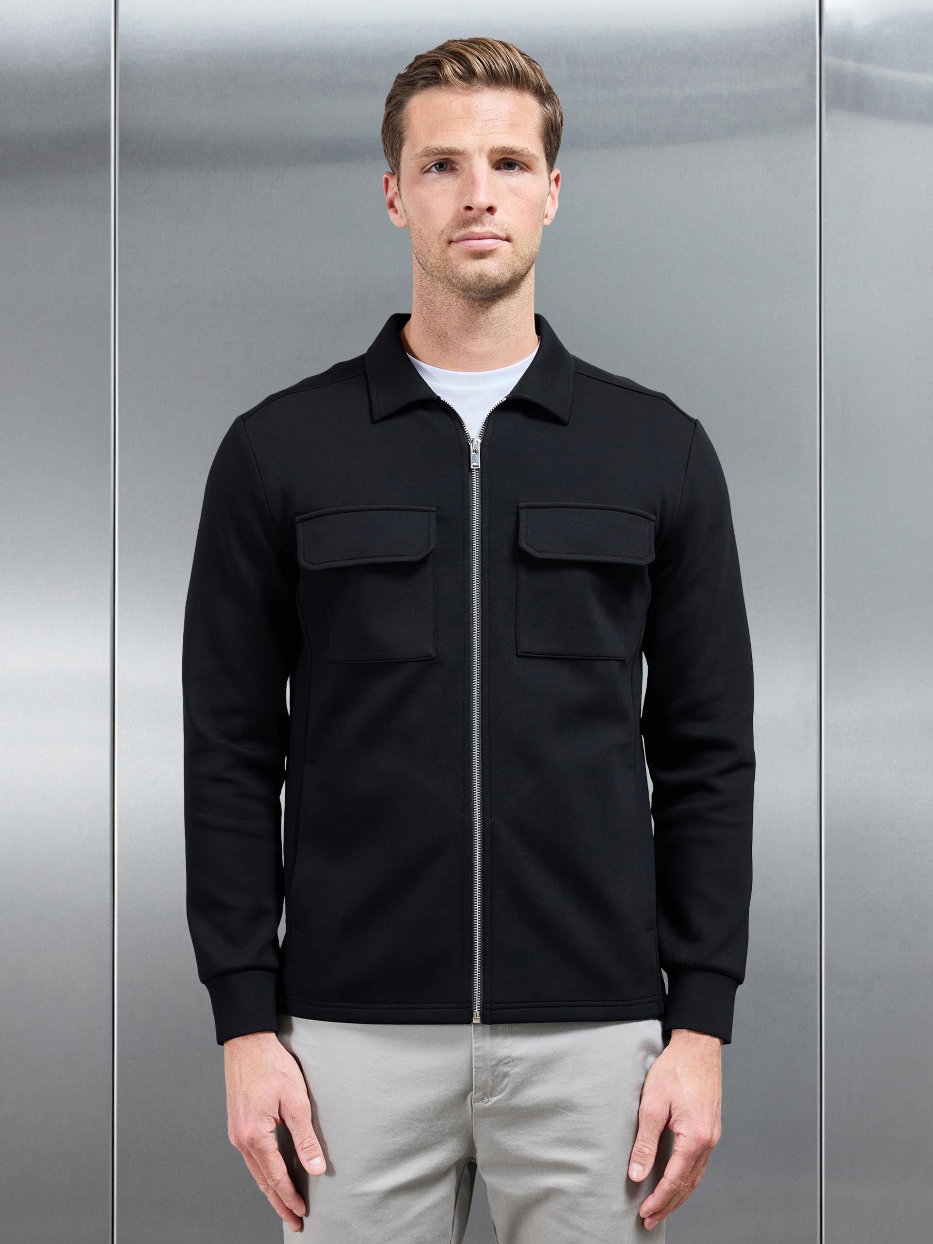 Interlock Jersey Pocket Zip Through Overshirt in Black