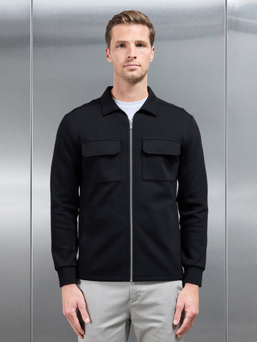 Interlock Jersey Pocket Zip Through Overshirt in Black