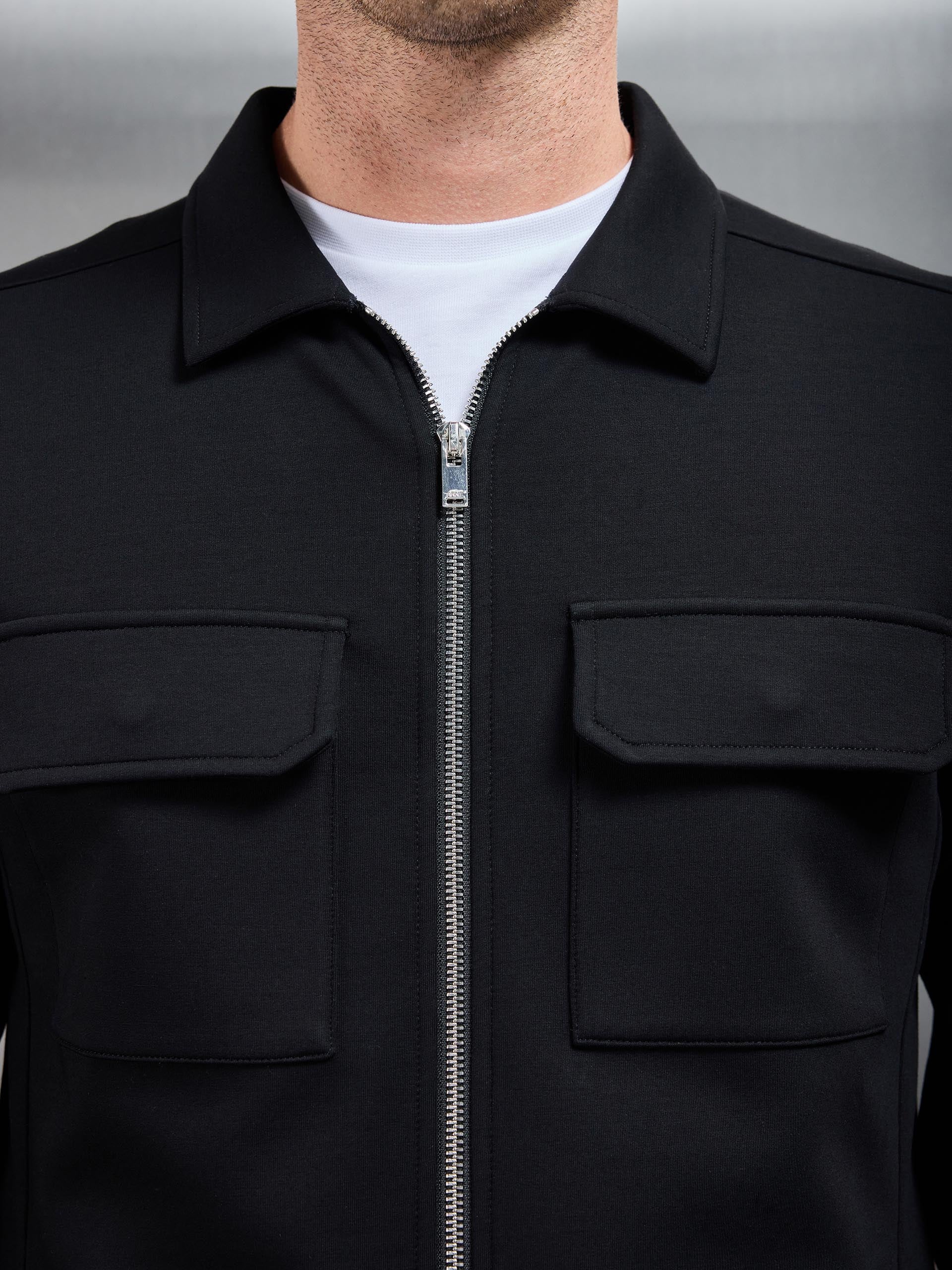 Interlock Jersey Pocket Zip Through Overshirt in Black