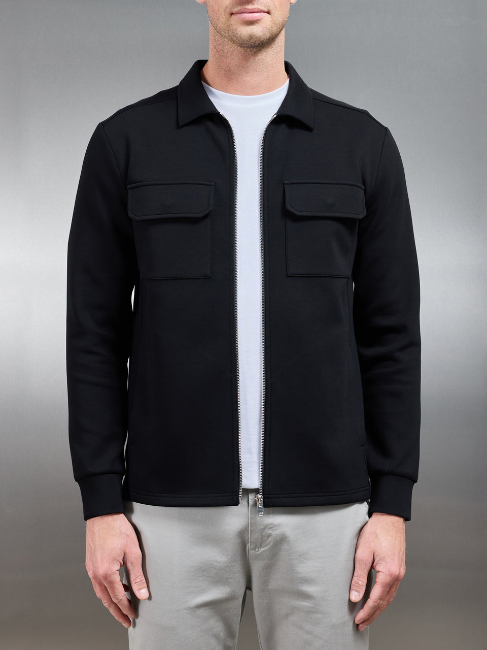 Interlock Jersey Pocket Zip Through Overshirt in Black