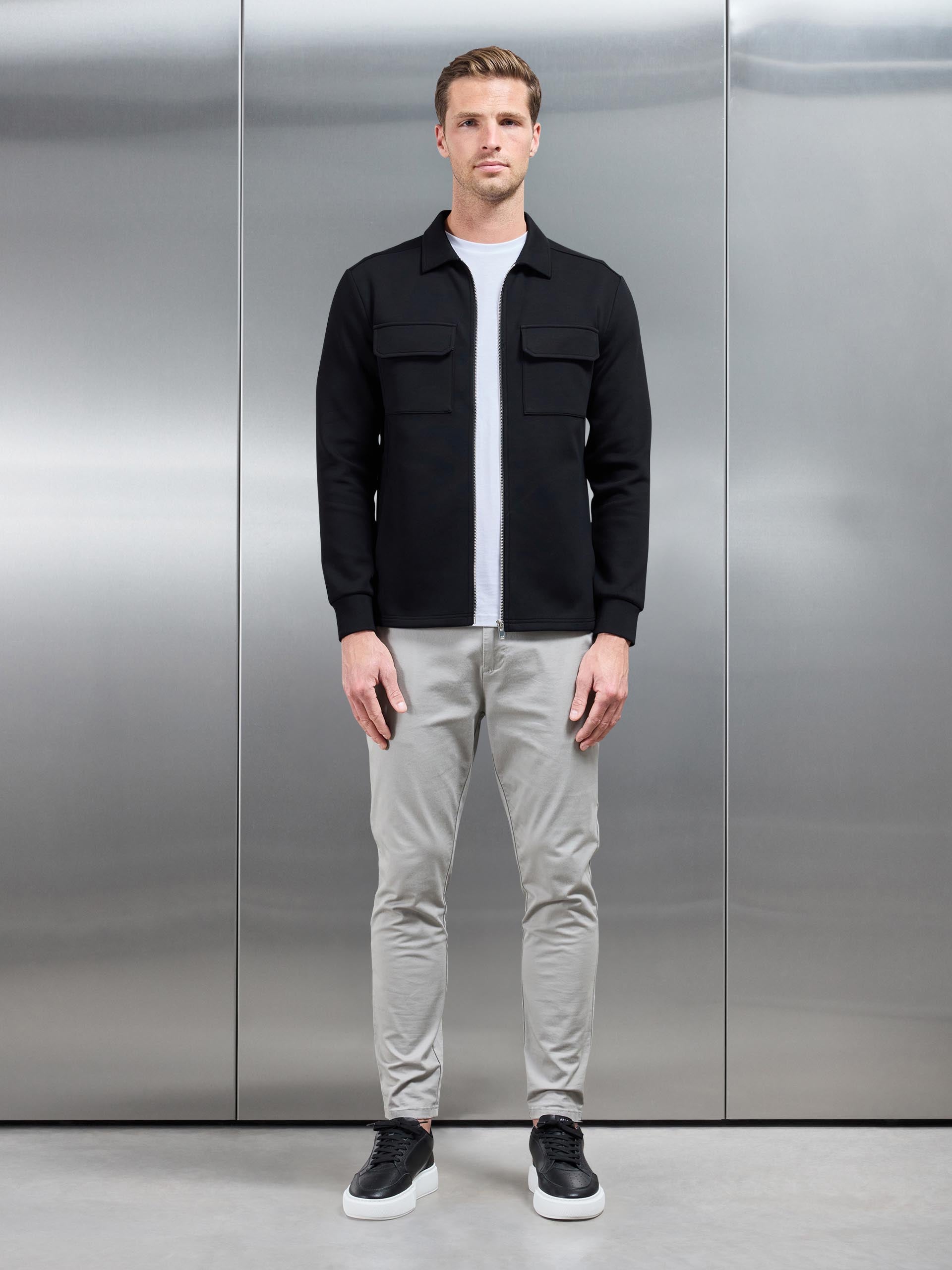 Interlock Jersey Pocket Zip Through Overshirt in Black