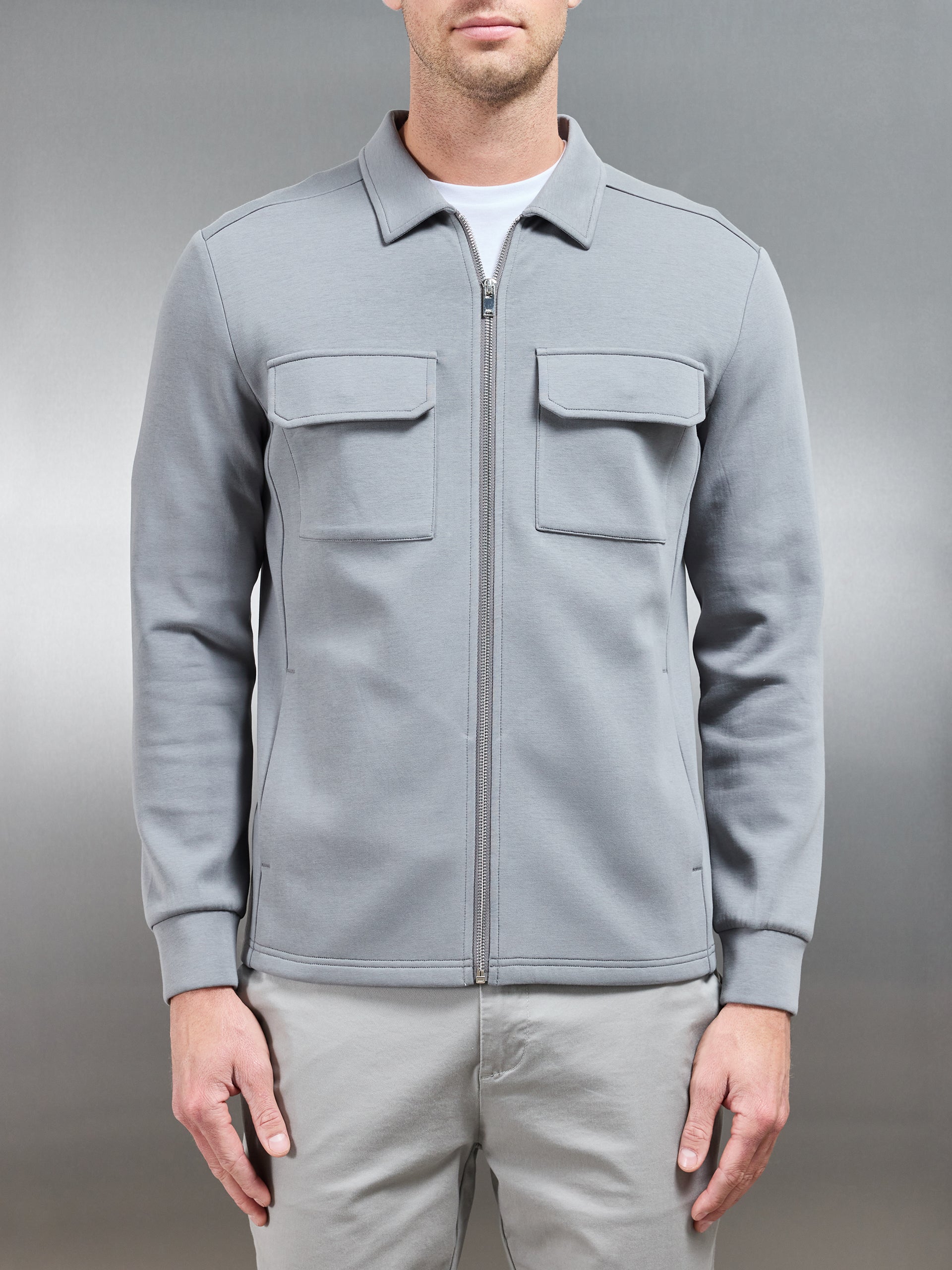 Interlock Jersey Pocket Zip Through Overshirt in Grey