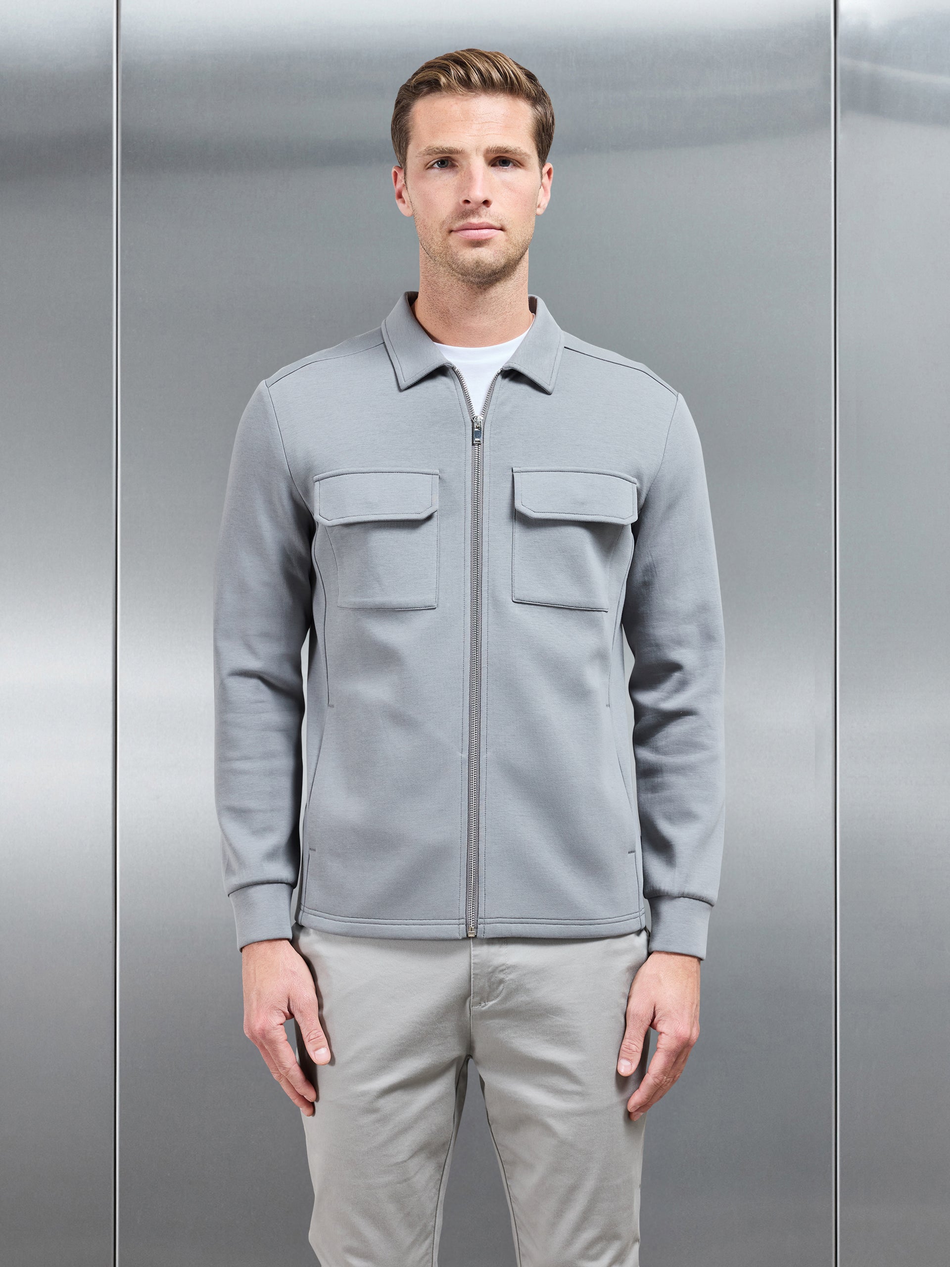 Interlock Jersey Pocket Zip Through Overshirt in Grey