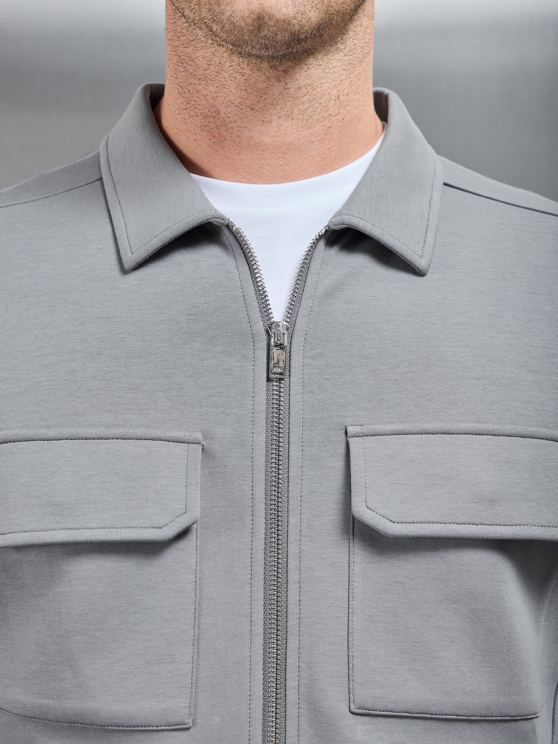 Interlock Jersey Pocket Zip Through Overshirt in Grey