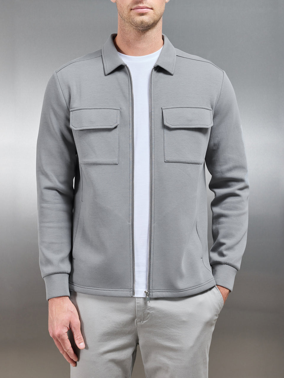 Interlock Jersey Pocket Zip Through Overshirt in Grey