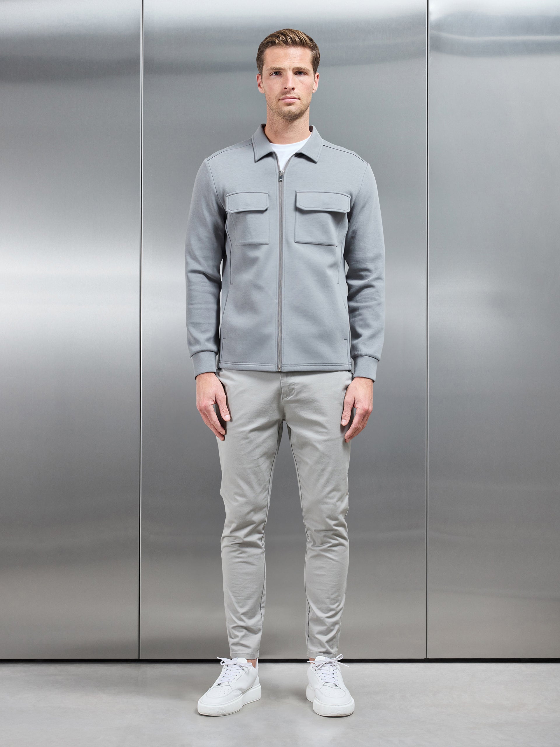 Interlock Jersey Pocket Zip Through Overshirt in Grey