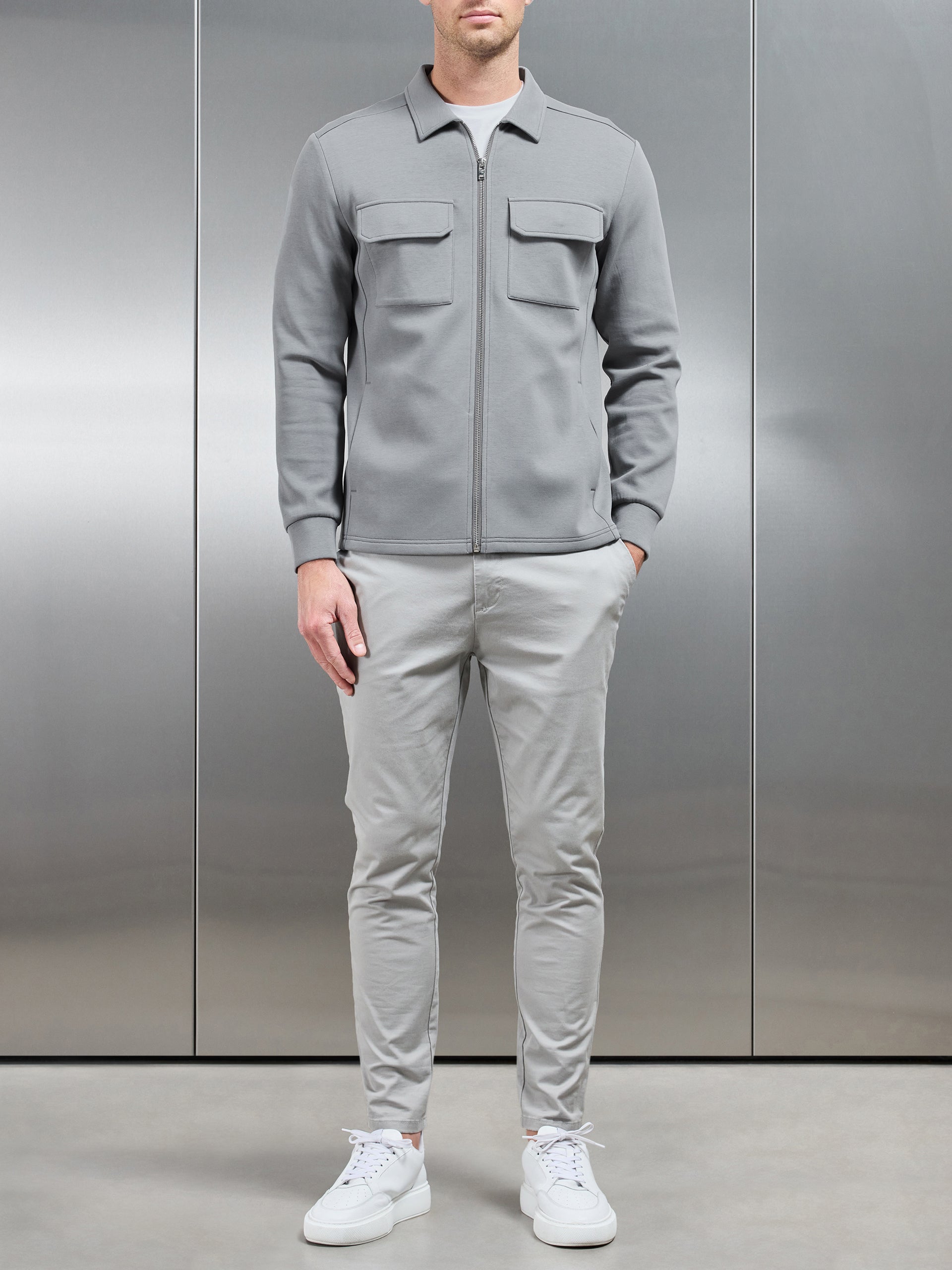 Interlock Jersey Pocket Zip Through Overshirt in Grey
